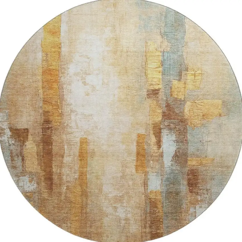 8' Copper And Ivory Abstract Washable Round Rug With UV Protection Photo 4