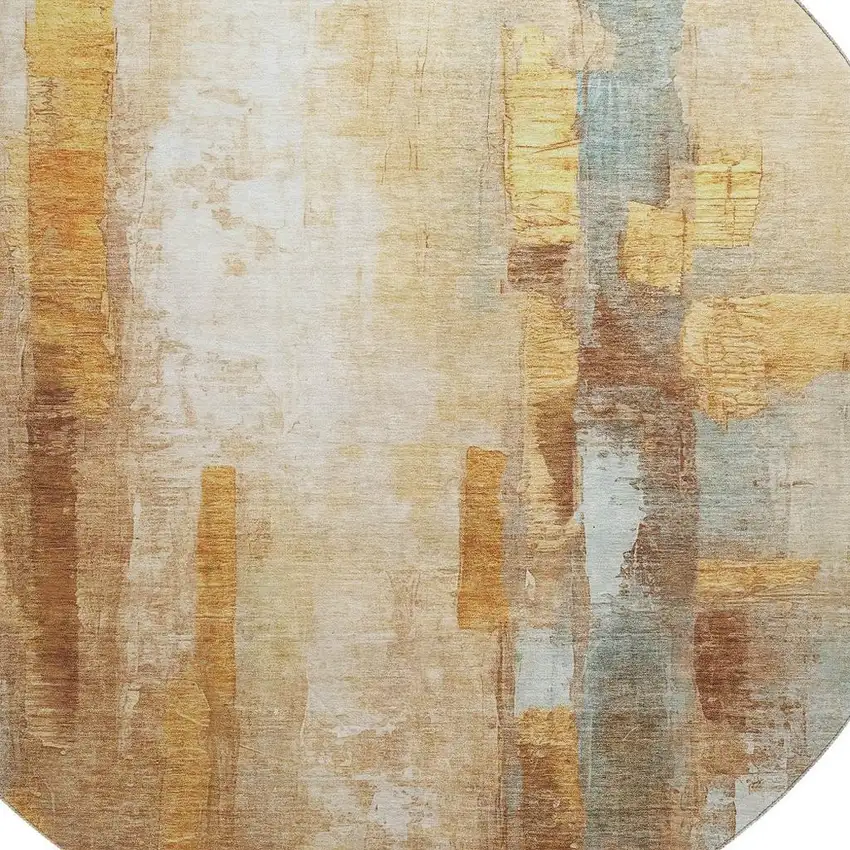 8' Copper And Ivory Abstract Washable Round Rug With UV Protection Photo 3