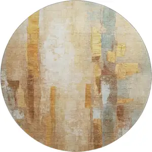 Photo of 8' Copper And Ivory Abstract Washable Round Rug With UV Protection