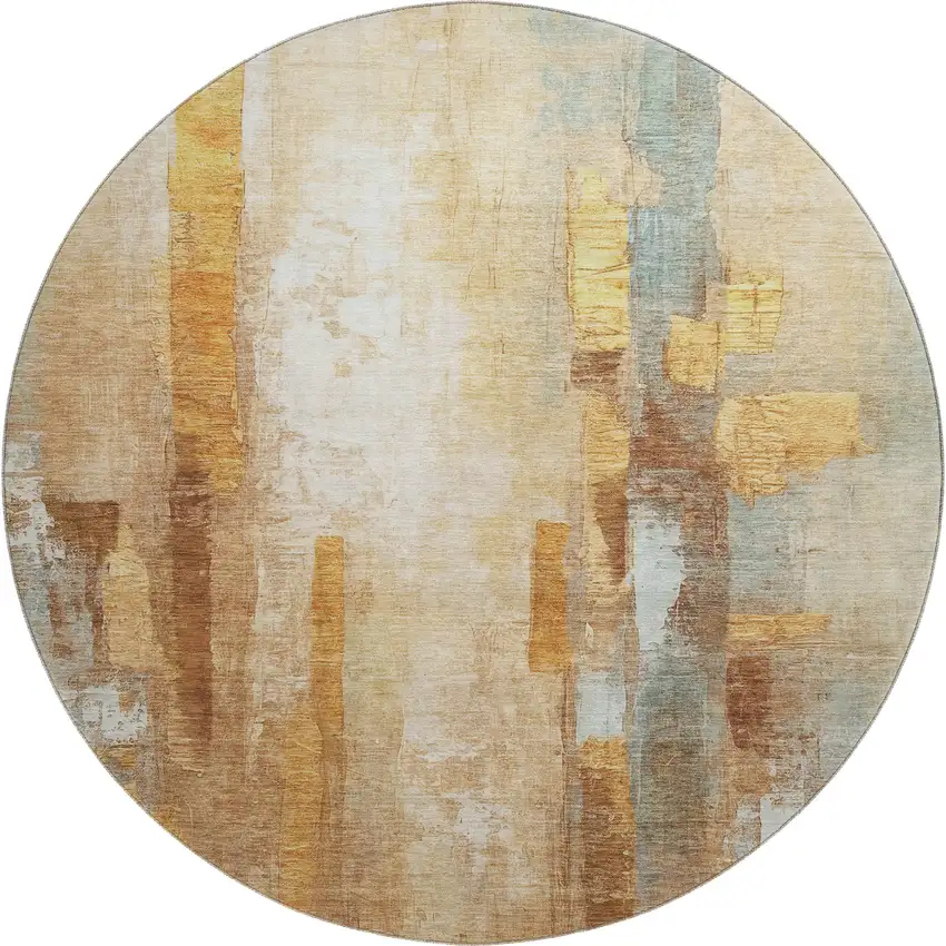 8' Copper And Ivory Abstract Washable Round Rug With UV Protection Photo 1