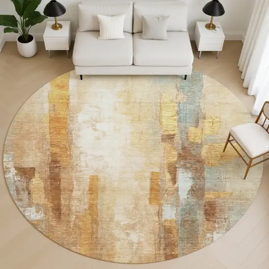 8' Copper And Ivory Abstract Washable Round Rug With UV Protection Photo 5