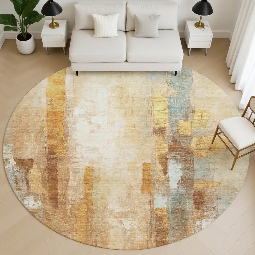 8' Copper And Ivory Abstract Washable Round Rug With UV Protection Photo 5