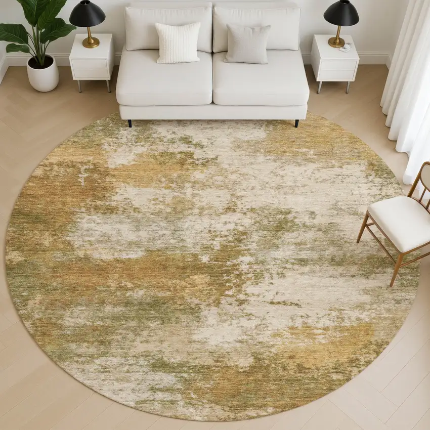 8' Copper And Ivory Abstract Washable Round Rug With UV Protection Photo 4