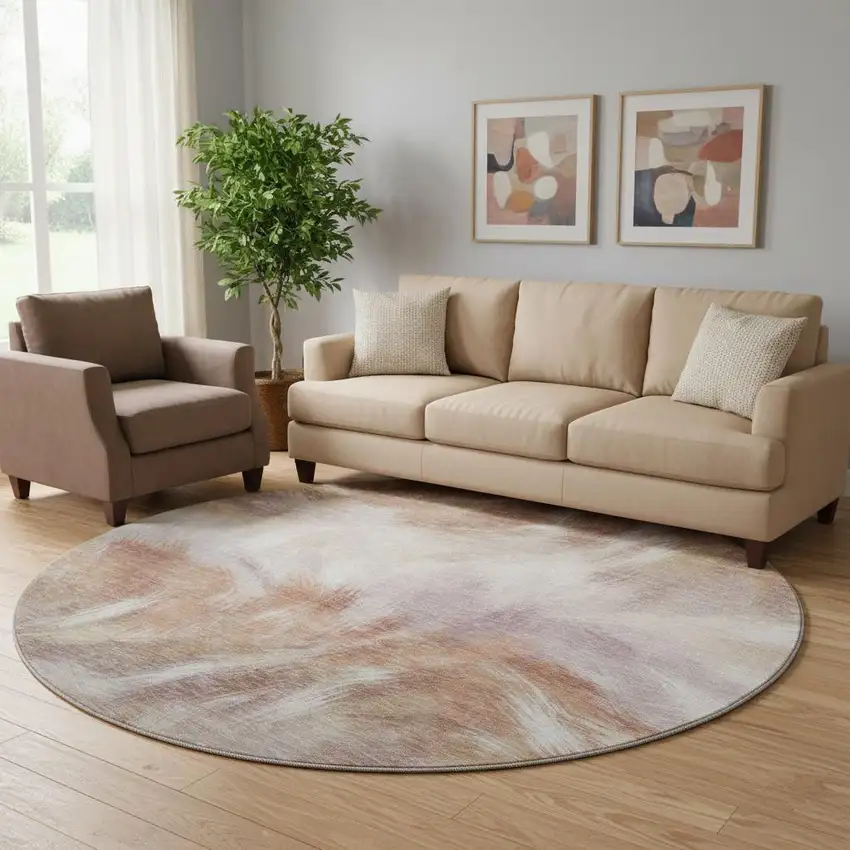 8' Copper And Ivory Abstract Washable Round Rug With UV Protection Photo 2