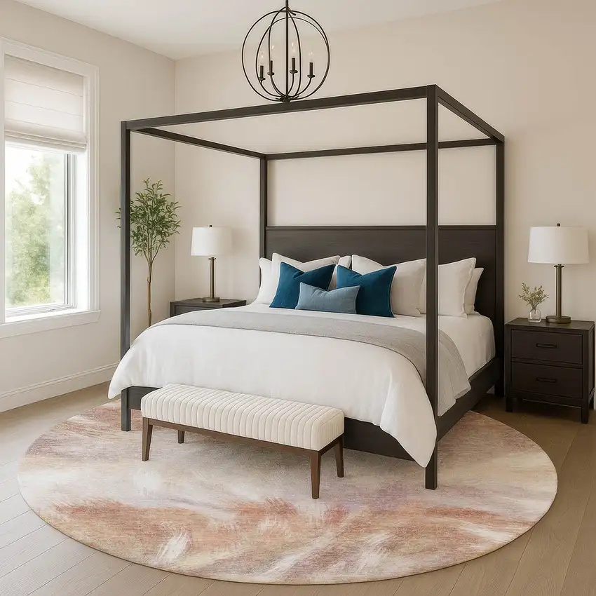 8' Copper And Ivory Abstract Washable Round Rug With UV Protection Photo 5