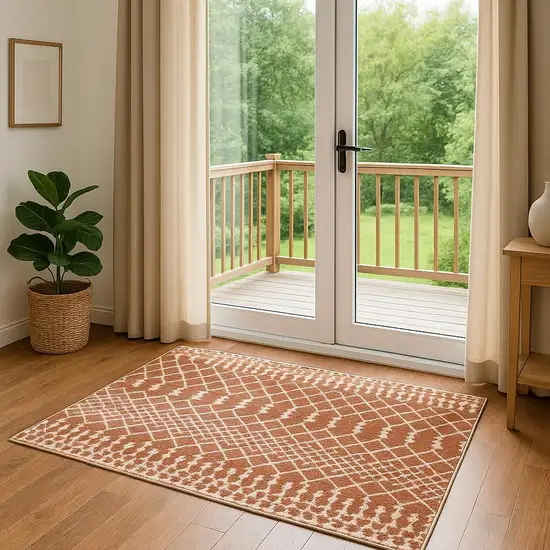 6' Copper And Ivory Geometric Runner Rug Photo 1