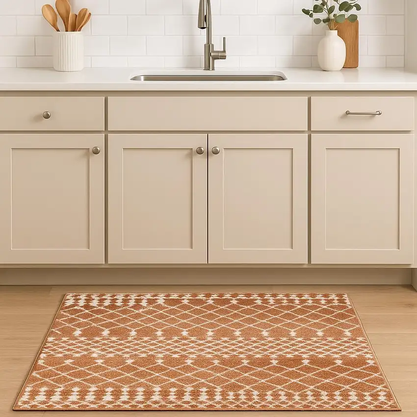 8' Copper And Ivory Geometric Runner Rug Photo 1