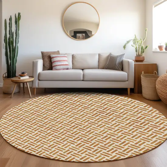 8' Copper And Ivory Geometric Washable Round Rug With UV Protection Photo 4