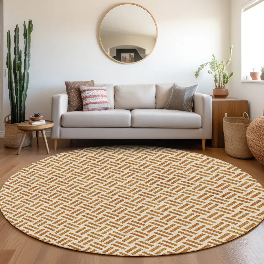 8' Copper And Ivory Geometric Washable Round Rug With UV Protection Photo 4