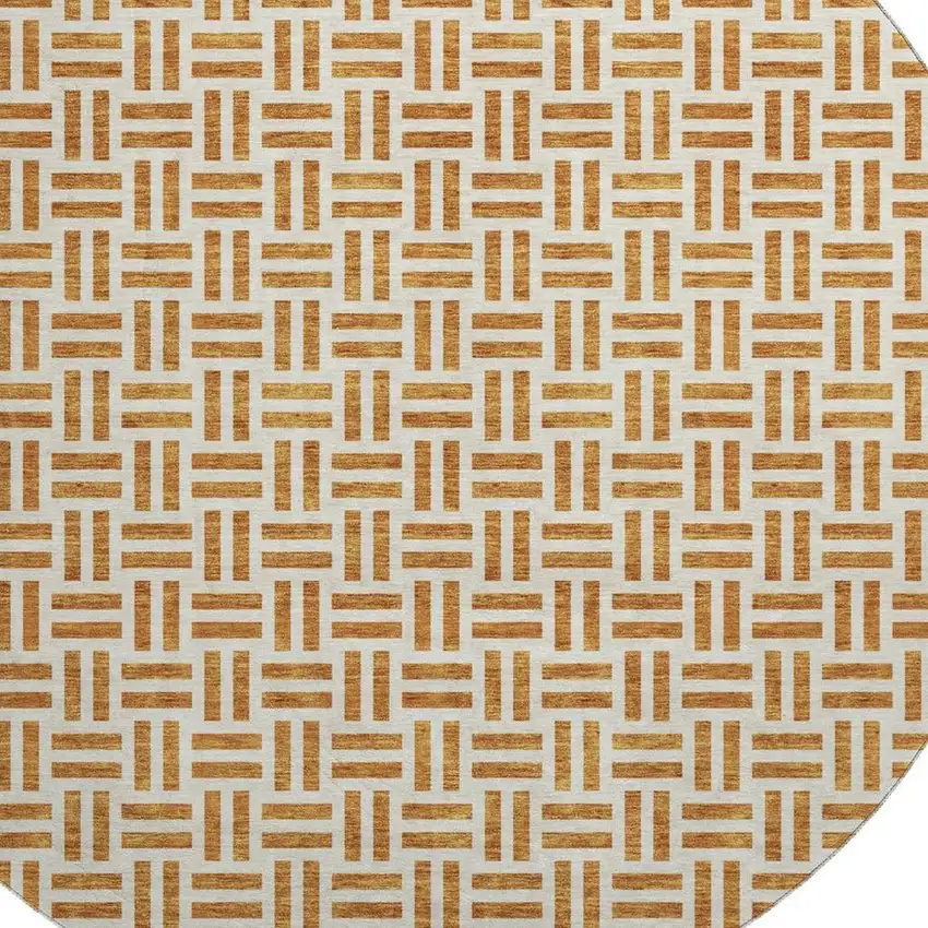 8' Copper And Ivory Geometric Washable Round Rug With UV Protection Photo 2