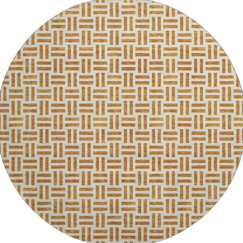8' Copper And Ivory Geometric Washable Round Rug With UV Protection Photo 3