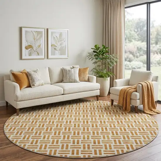 8' Copper And Ivory Geometric Washable Round Rug With UV Protection Photo 1