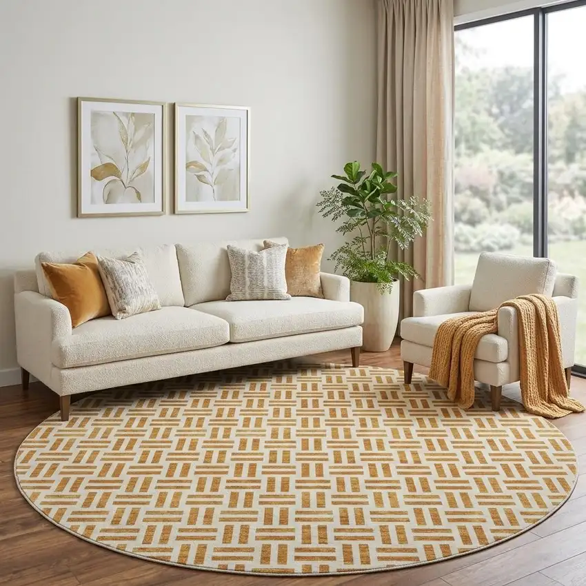 8' Copper And Ivory Geometric Washable Round Rug With UV Protection Photo 1