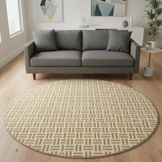 8' Copper And Ivory Geometric Washable Round Rug With UV Protection Photo 2