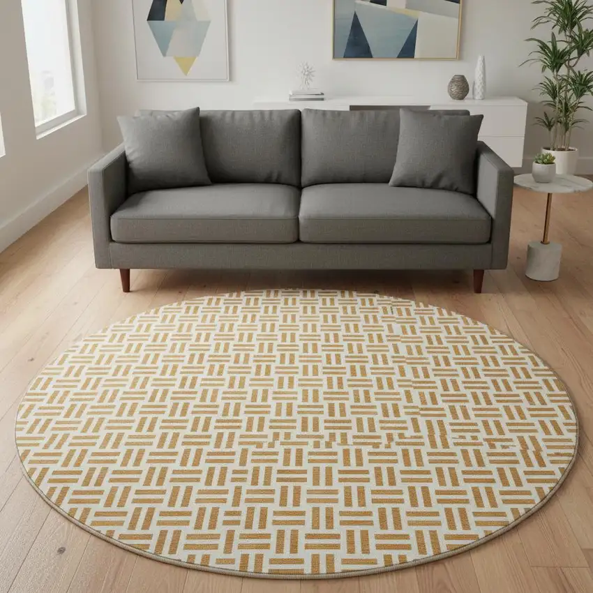 8' Copper And Ivory Geometric Washable Round Rug With UV Protection Photo 2