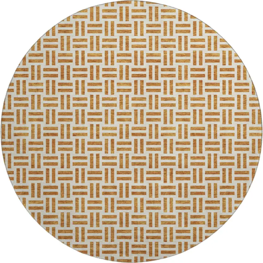 8' Copper And Ivory Geometric Washable Round Rug With UV Protection Photo 1