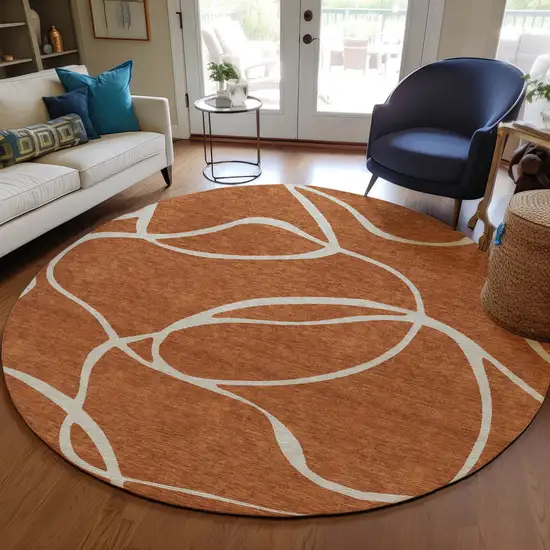 8' Copper And Ivory Round Abstract Washable Indoor Outdoor Area Rug Photo 8
