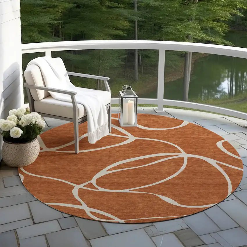 8' Copper And Ivory Round Abstract Washable Indoor Outdoor Area Rug Photo 7