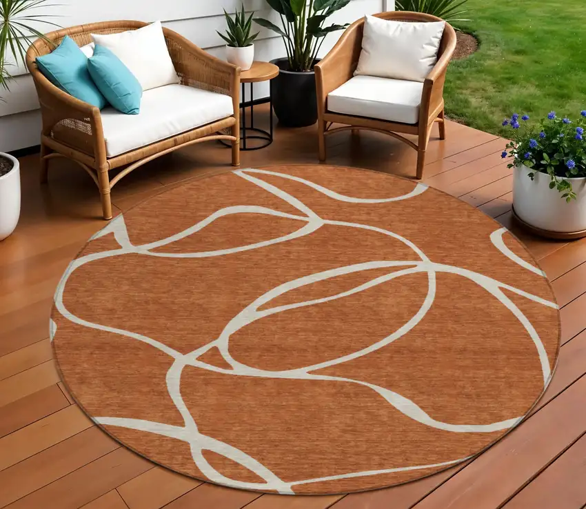 8' Copper And Ivory Round Abstract Washable Indoor Outdoor Area Rug Photo 1