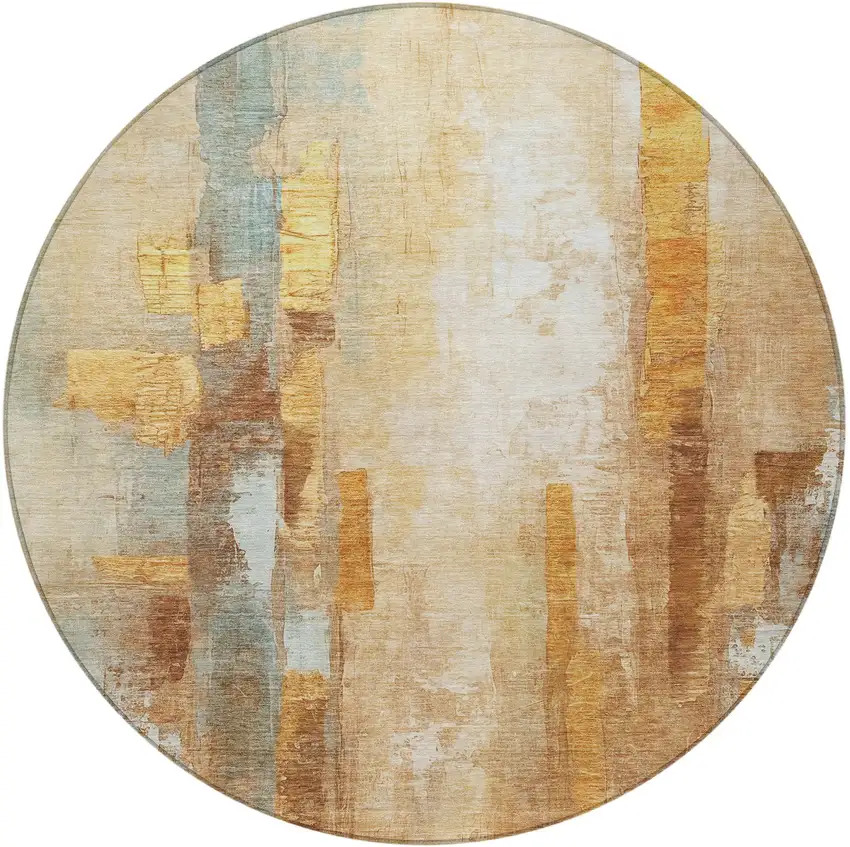 8' Copper And Ivory Round Abstract Washable Indoor Outdoor Area Rug Photo 4