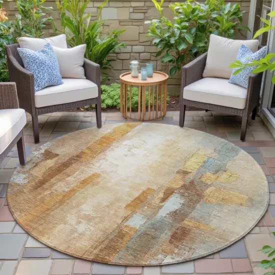 8' Copper And Ivory Round Abstract Washable Indoor Outdoor Area Rug Photo 6
