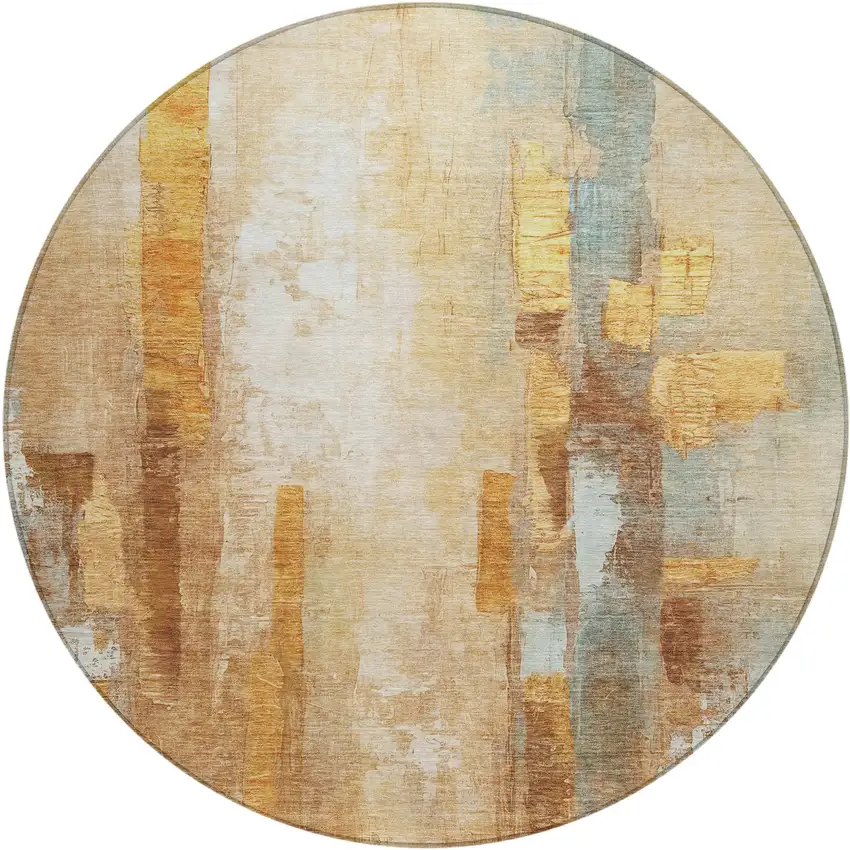 8' Copper And Ivory Round Abstract Washable Indoor Outdoor Area Rug Photo 1