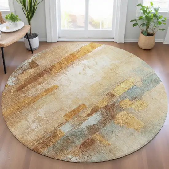 8' Copper And Ivory Round Abstract Washable Indoor Outdoor Area Rug Photo 7