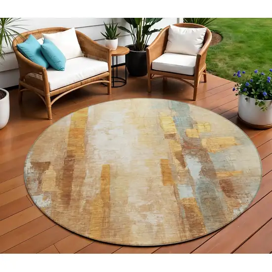 8' Copper And Ivory Round Abstract Washable Indoor Outdoor Area Rug Photo 2