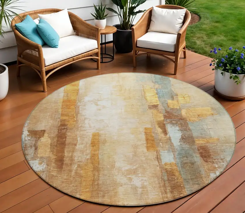 8' Copper And Ivory Round Abstract Washable Indoor Outdoor Area Rug Photo 2