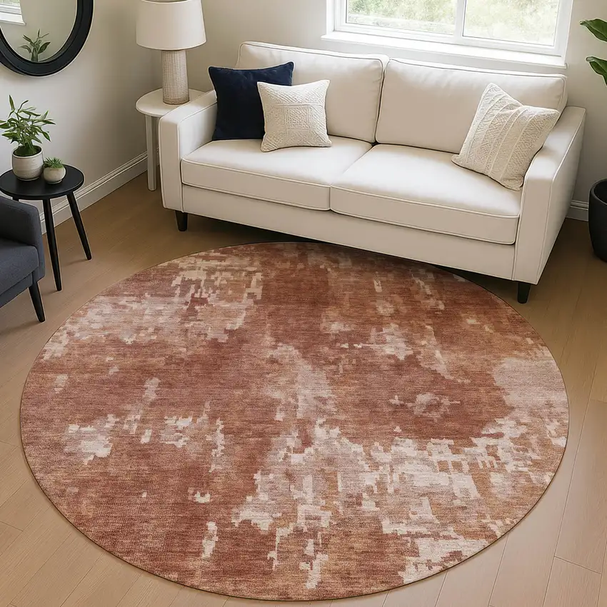 8' Copper And Ivory Round Abstract Washable Indoor Outdoor Area Rug Photo 4