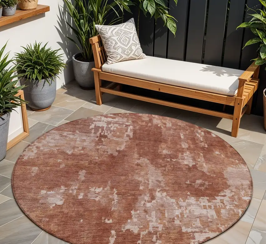 8' Copper And Ivory Round Abstract Washable Indoor Outdoor Area Rug Photo 1