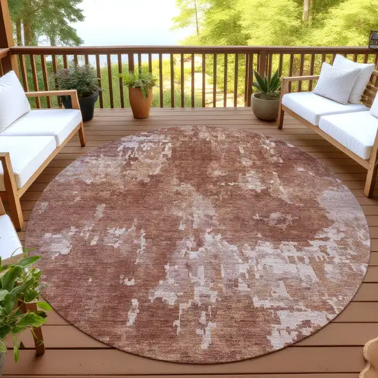 8' Copper And Ivory Round Abstract Washable Indoor Outdoor Area Rug Photo 3