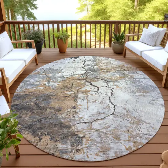 8' Copper And Ivory Round Abstract Washable Indoor Outdoor Area Rug Photo 4