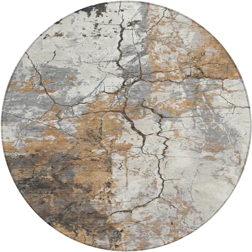 8' Copper And Ivory Round Abstract Washable Indoor Outdoor Area Rug Photo 6