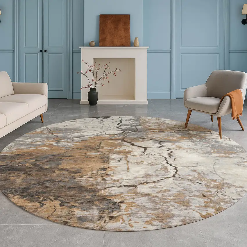 8' Copper And Ivory Round Abstract Washable Indoor Outdoor Area Rug Photo 5