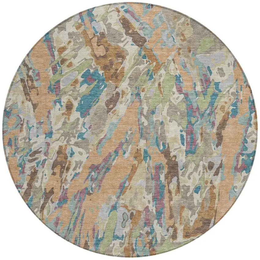 8' Copper And Ivory Round Abstract Washable Indoor Outdoor Area Rug Photo 3