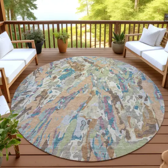 8' Copper And Ivory Round Abstract Washable Indoor Outdoor Area Rug Photo 4