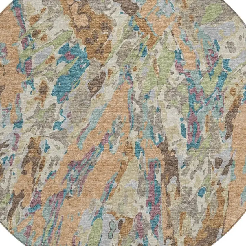 8' Copper And Ivory Round Abstract Washable Indoor Outdoor Area Rug Photo 2