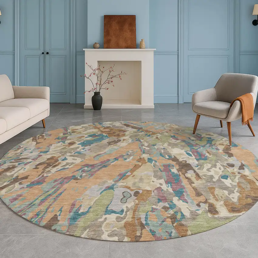 8' Copper And Ivory Round Abstract Washable Indoor Outdoor Area Rug Photo 5