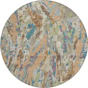 Photo of 8' Copper And Ivory Round Abstract Washable Indoor Outdoor Area Rug
