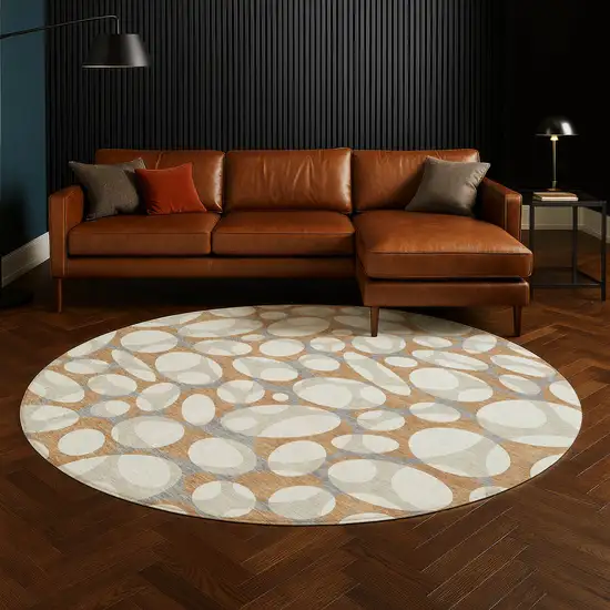 8' Copper And Ivory Round Abstract Washable Indoor Outdoor Area Rug Photo 5