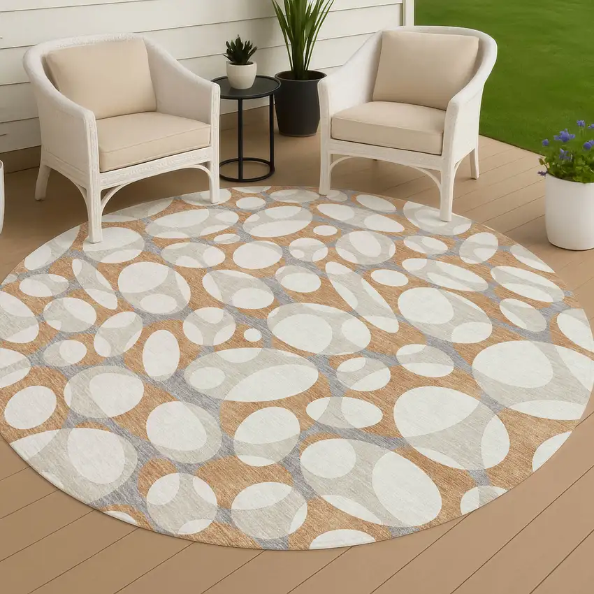8' Copper And Ivory Round Abstract Washable Indoor Outdoor Area Rug Photo 4