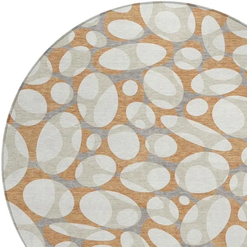 8' Copper And Ivory Round Abstract Washable Indoor Outdoor Area Rug Photo 2