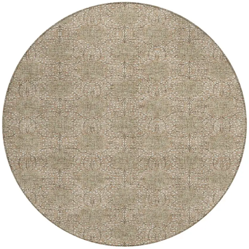 8' Copper And Ivory Round Damask Washable Indoor Outdoor Area Rug Photo 3