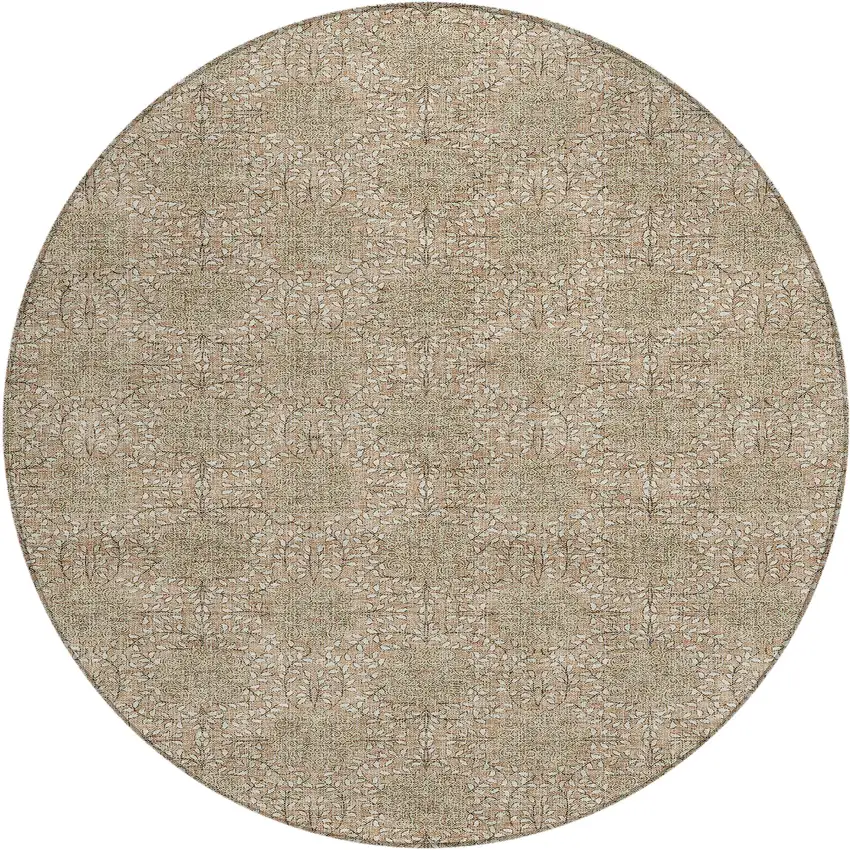 8' Copper And Ivory Round Damask Washable Indoor Outdoor Area Rug Photo 1