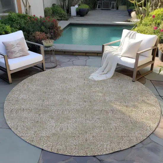 8' Copper And Ivory Round Damask Washable Indoor Outdoor Area Rug Photo 5