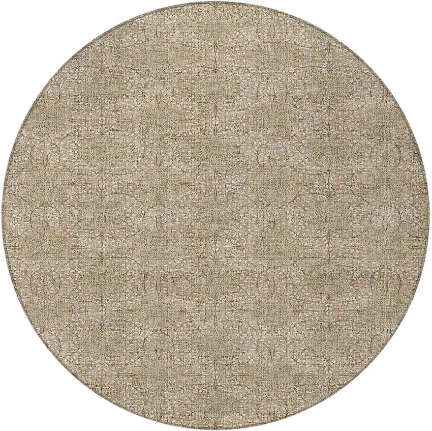 8' Copper And Ivory Round Damask Washable Indoor Outdoor Area Rug Photo 4