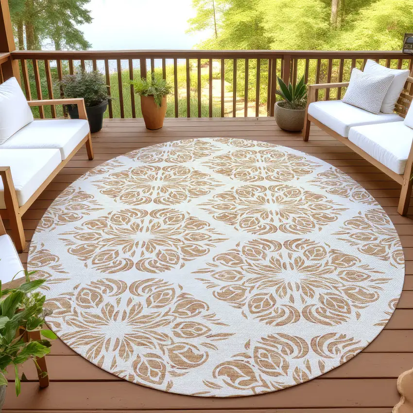 8' Copper And Ivory Round Damask Washable Indoor Outdoor Area Rug Photo 4