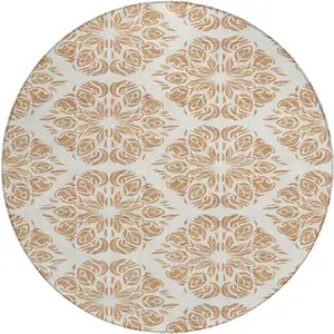Photo of 8' Copper And Ivory Round Damask Washable Indoor Outdoor Area Rug