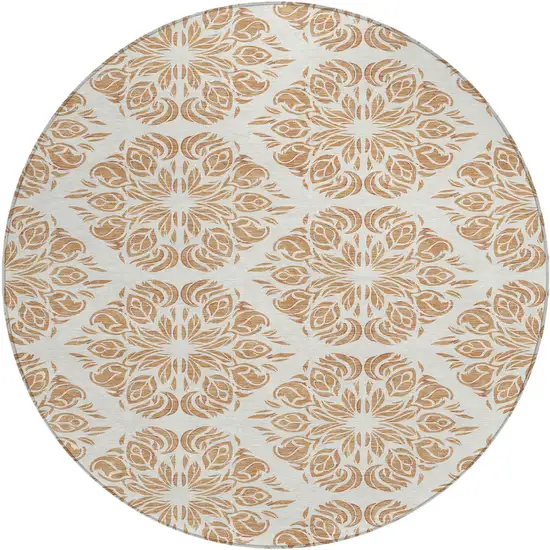 8' Copper And Ivory Round Damask Washable Indoor Outdoor Area Rug Photo 1